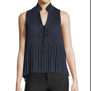 Derek Lam 10 Crosby Sleeveless Split-Neck Pleated Top Midnight Blue size 8